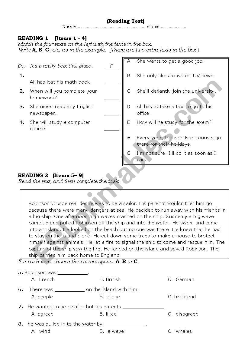 Reading test worksheet