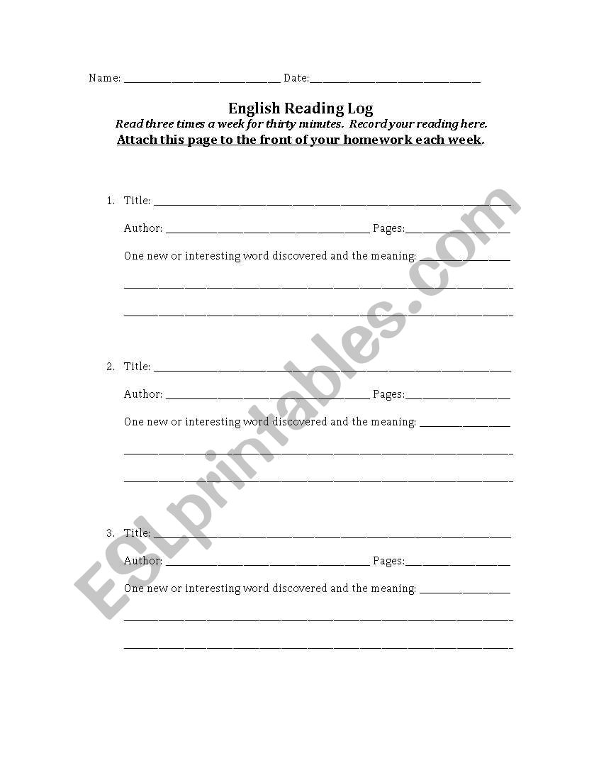 reading log worksheet