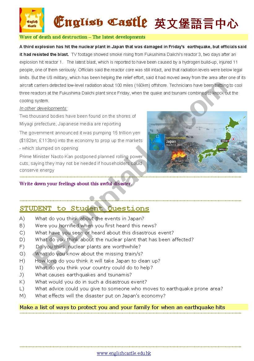 Japanese Disaster worksheet