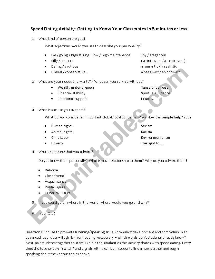 Speed Dating Activity worksheet