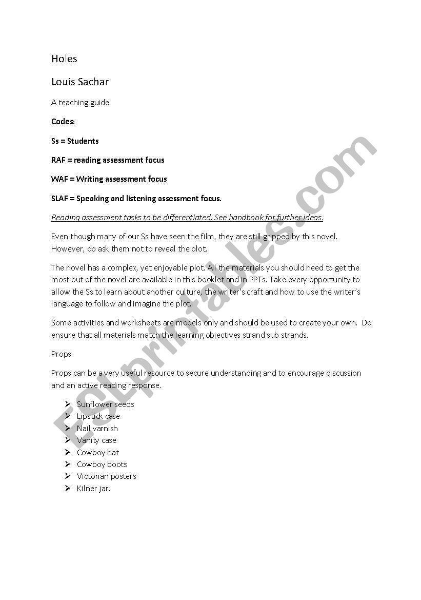 Holes scheme of work worksheet