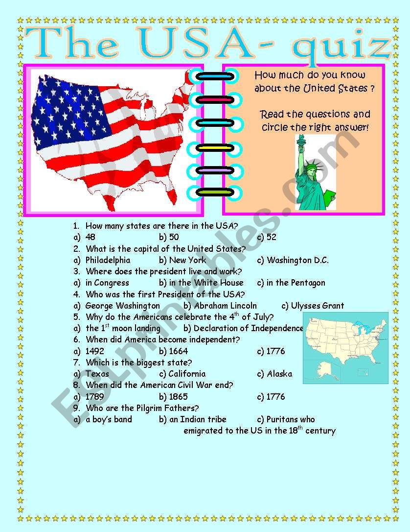 The USA- a quiz worksheet