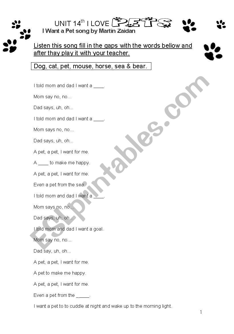 I WANT A PET SONG worksheet