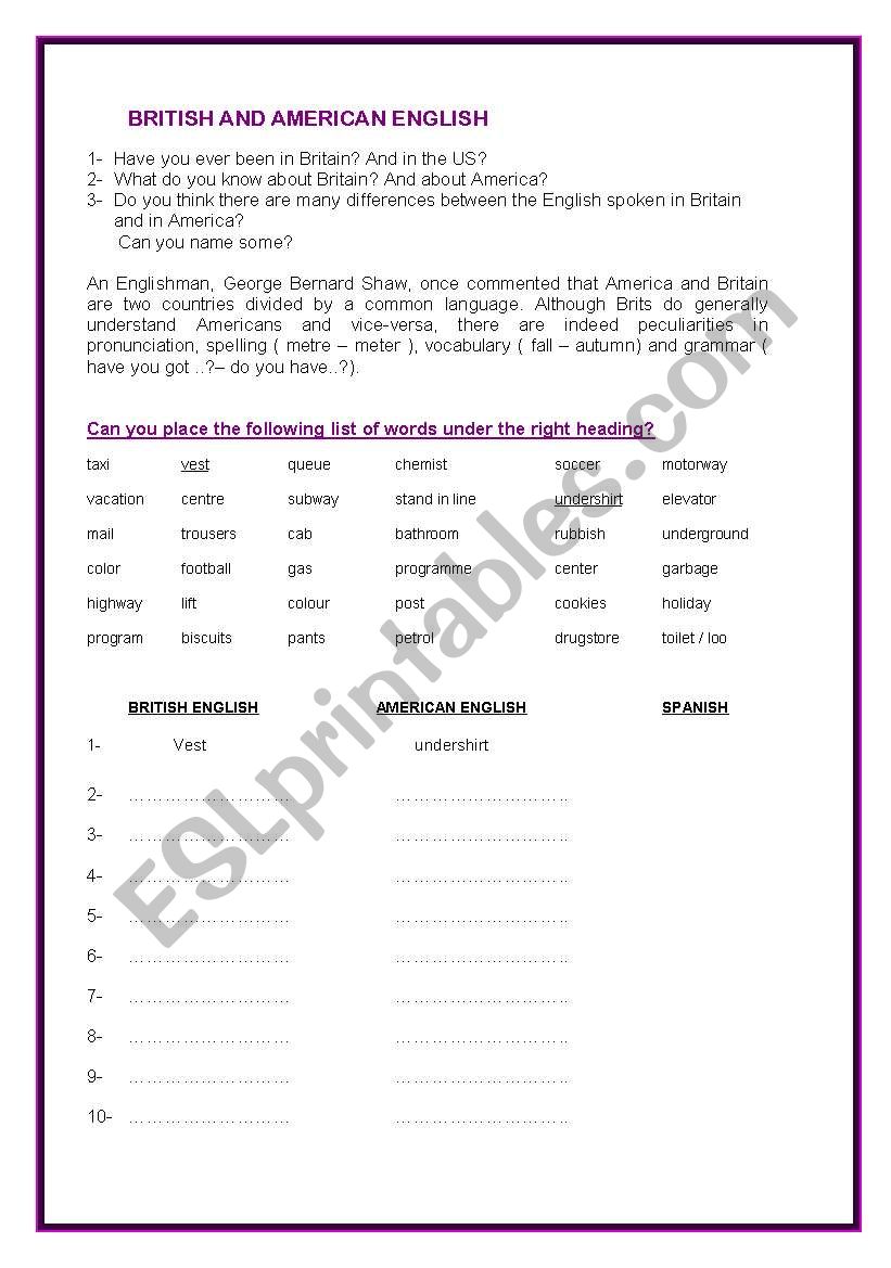 BRITISH AND AMERICAN ENGLISH worksheet