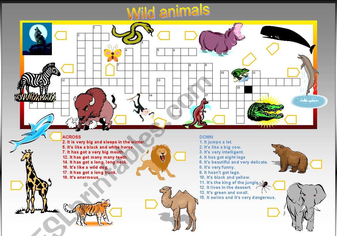 20 animal names Criss-Cross puzzle with key