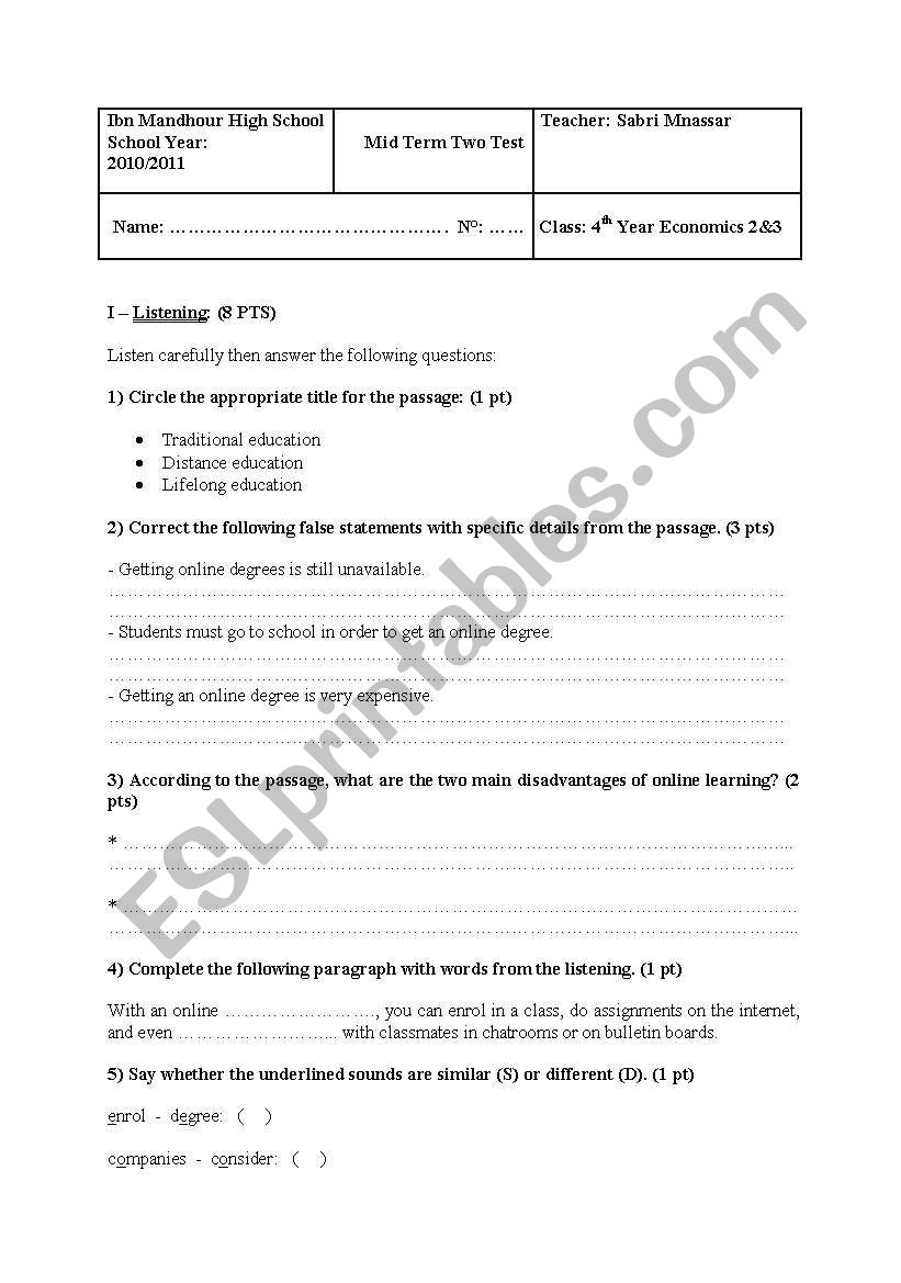 Mid term two test for bac (with tape script)