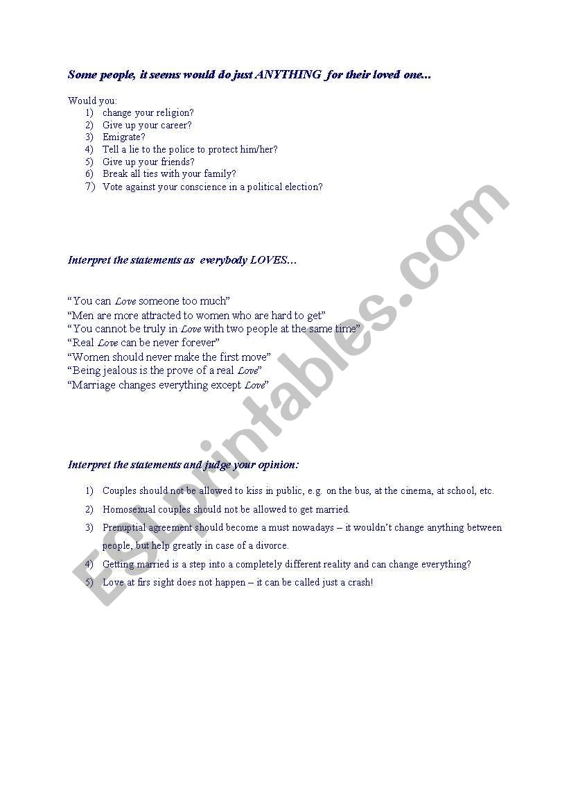 Love and marriage worksheet