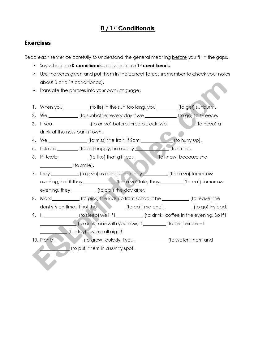0 and 1st conditionals worksheet
