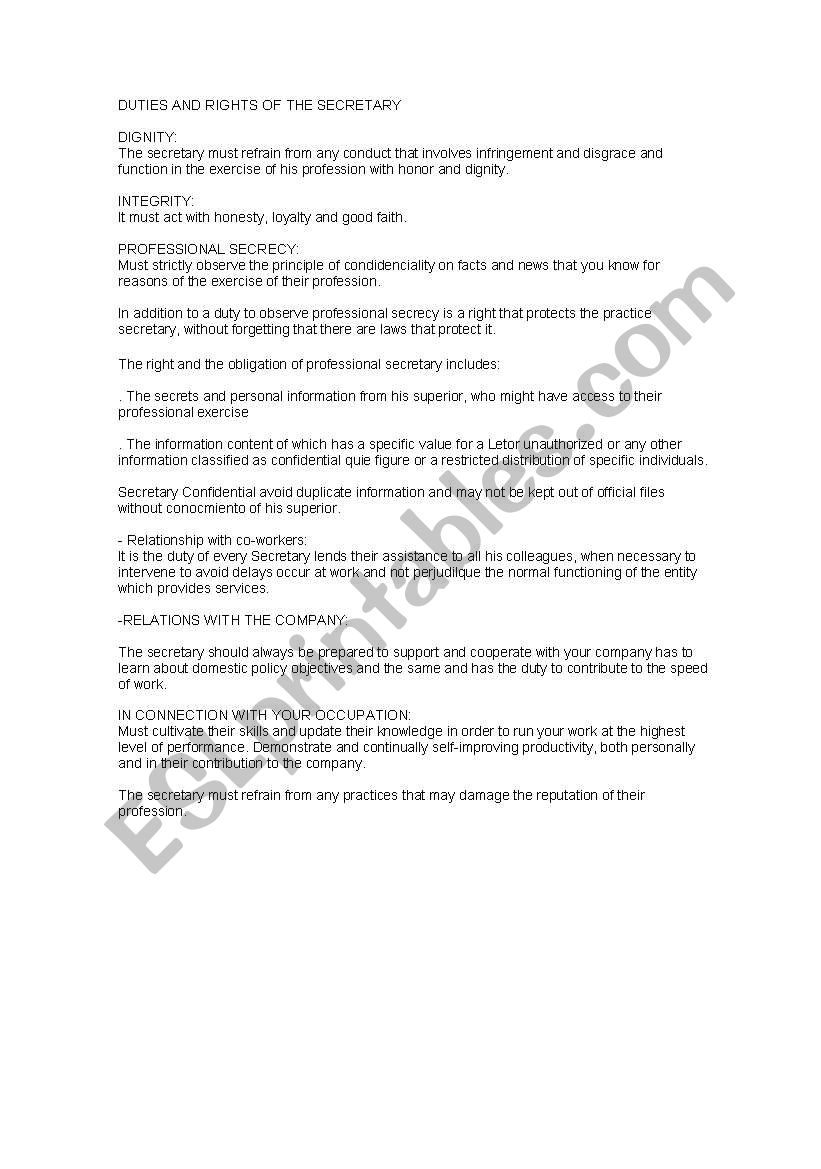 Duties of the Secretary worksheet