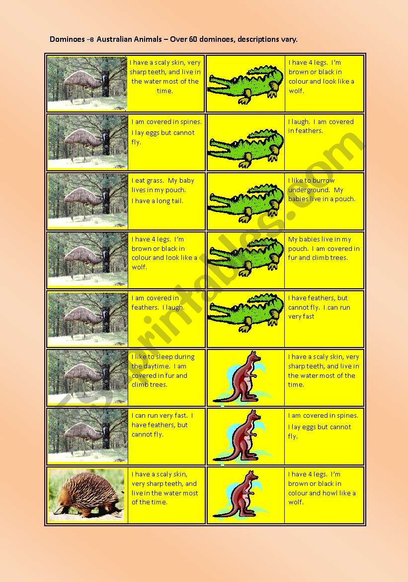 Australian Animals - Dominoes worksheet