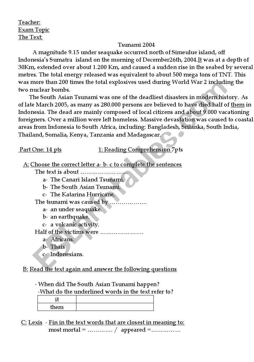 Exam topic  Tsunami 2004 worksheet