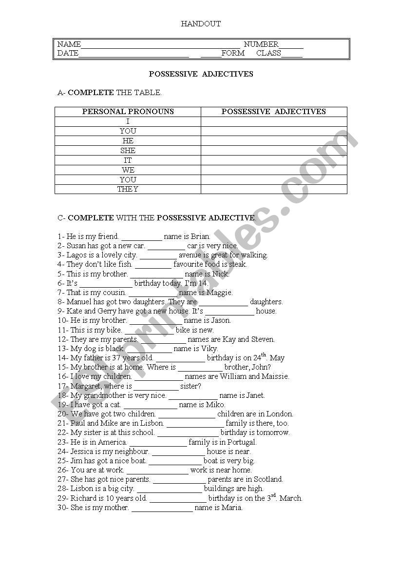 Possessive adjecties worksheet