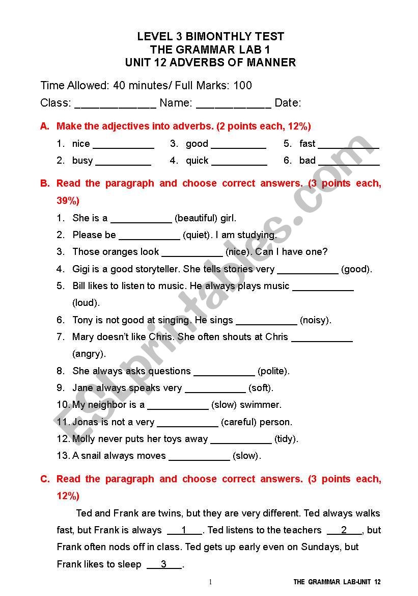 Adverbs of manner worksheet