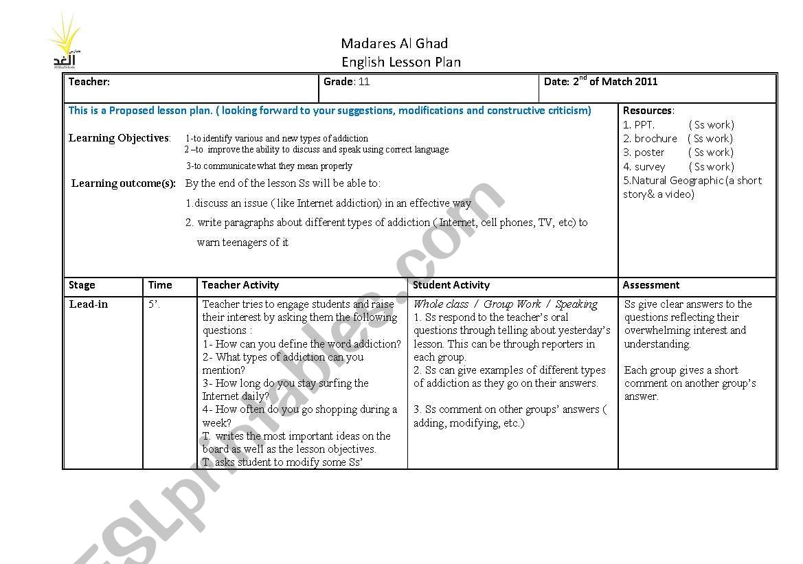 proposed lesson plan worksheet