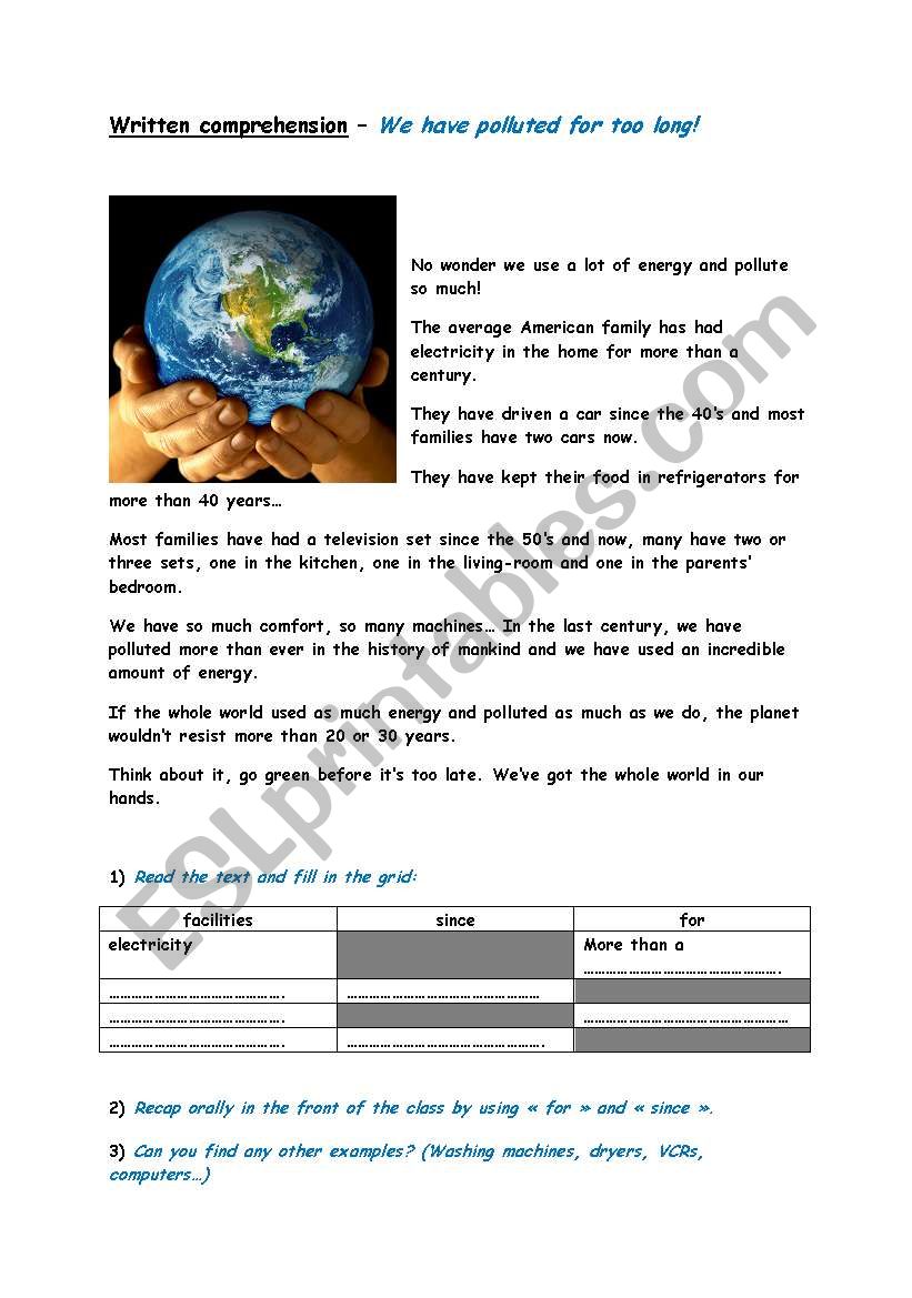 A text on pollution worksheet