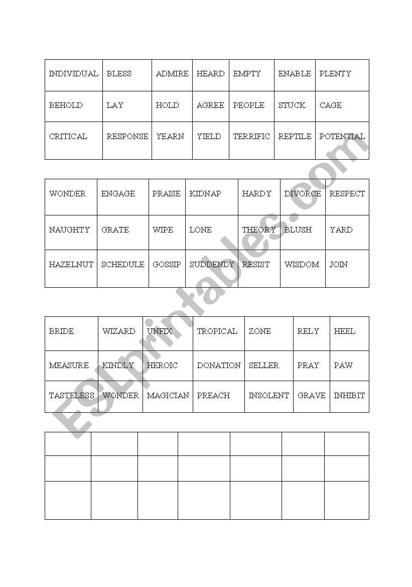 WORD BINGO worksheet