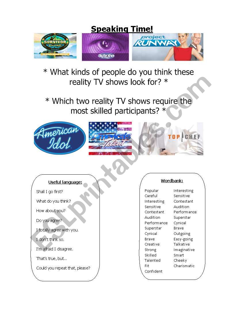 Reality Shows -Speaking- worksheet