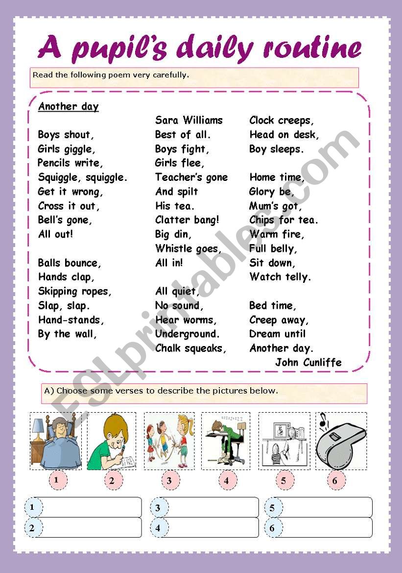 A poem about a pupil´s daily routine (key included) - ESL worksheet by ...