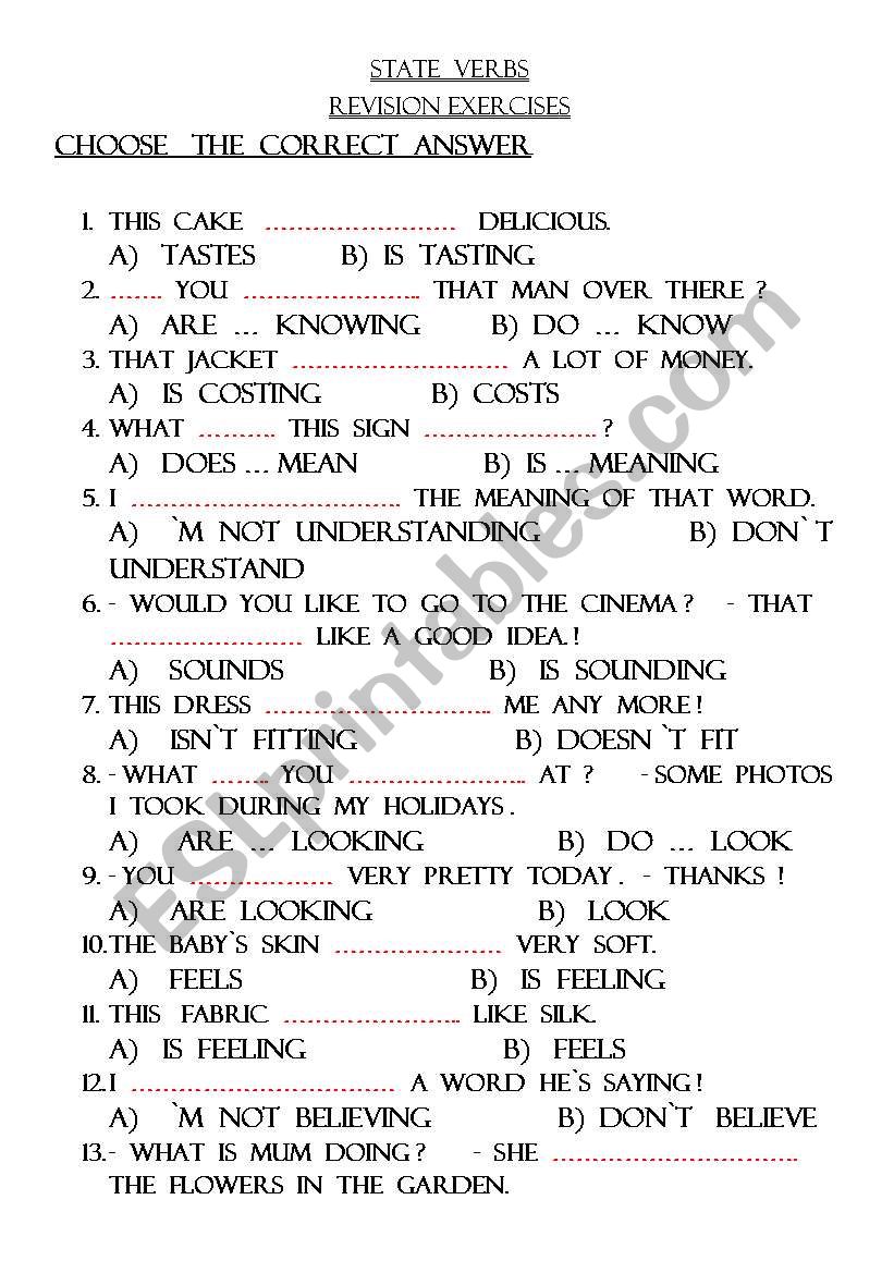 State Verbs Worksheet