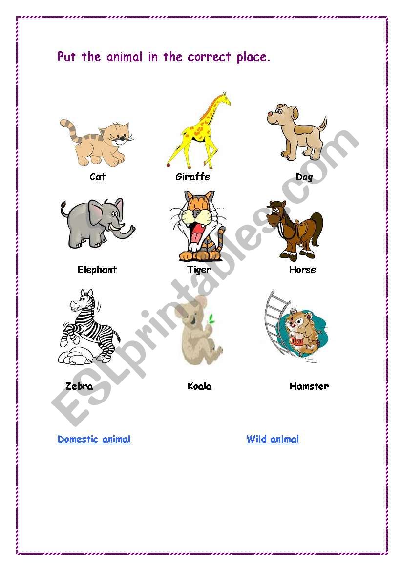 English worksheets: wild and domestic animals