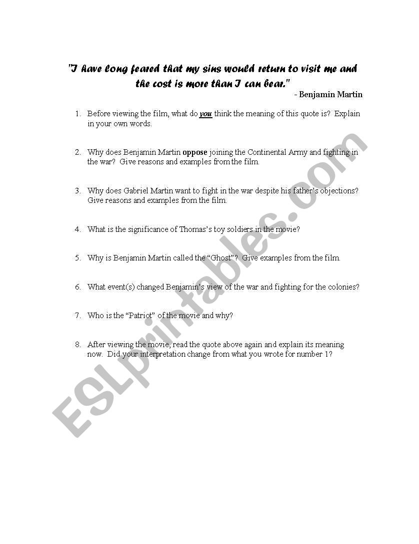 The Patriot worksheet