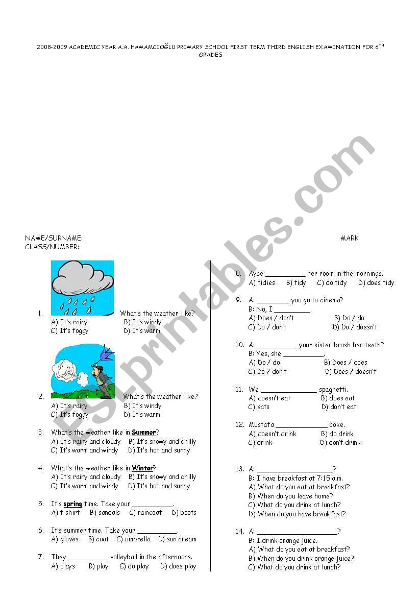 6.th grade third exam worksheet