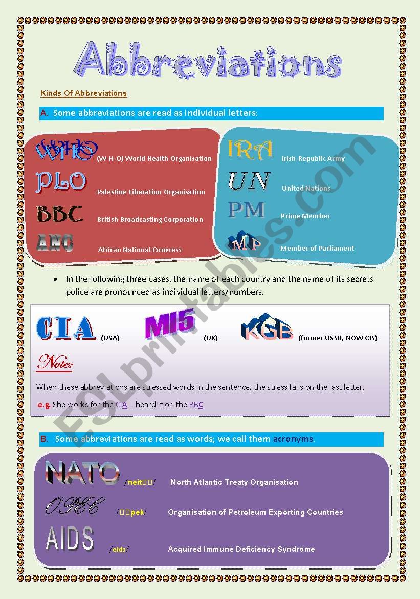 Abbreviations worksheet