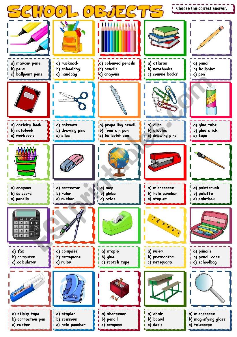 SCHOOL OBJECTS - multiple choice (B&W included)