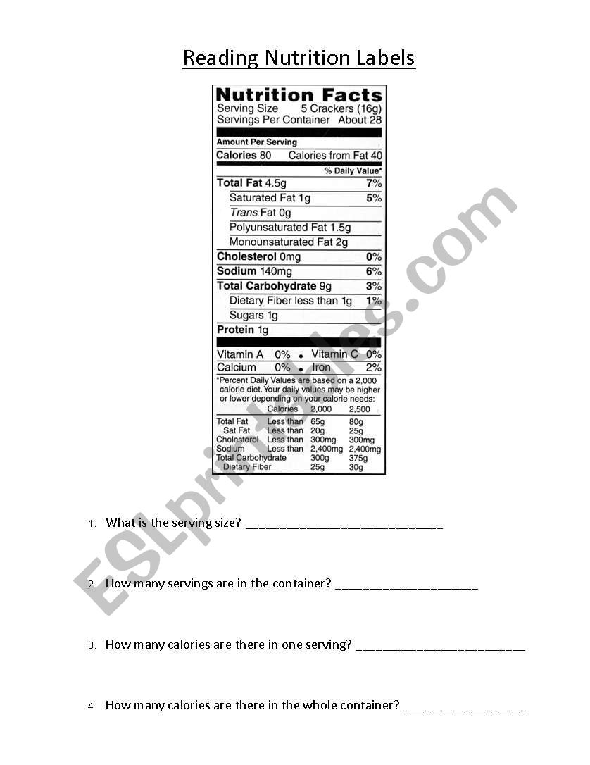 Reading Nutrition Labels 1 worksheet