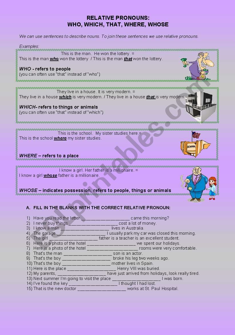 Relative pronouns (who, which, whose, where, that) rules & exercises