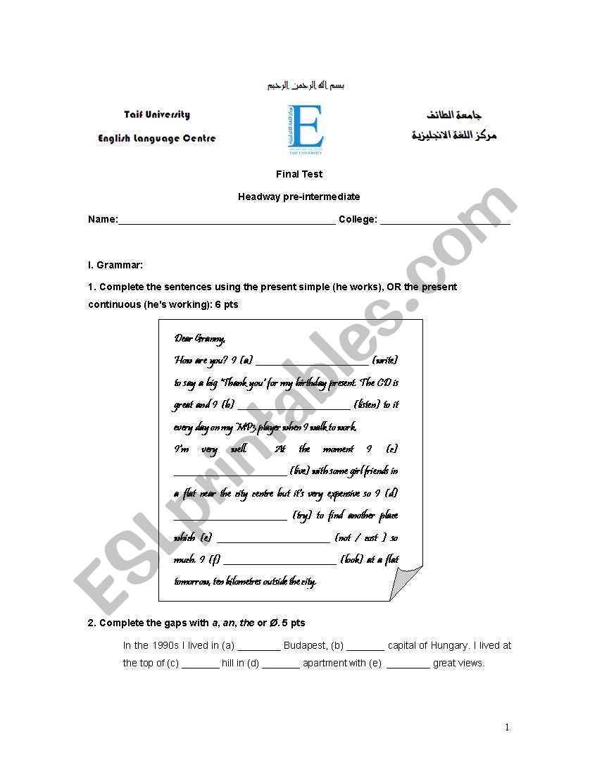 Grammar Test worksheet