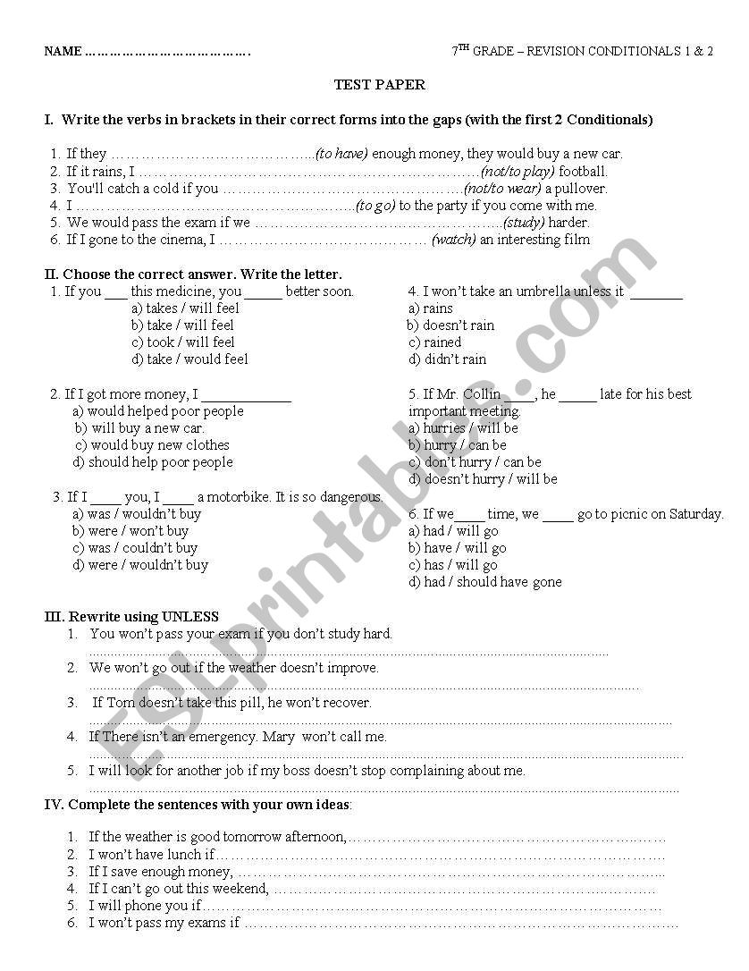 TEST OR WORKSHEET - CONDITIONALS 1 AND 2