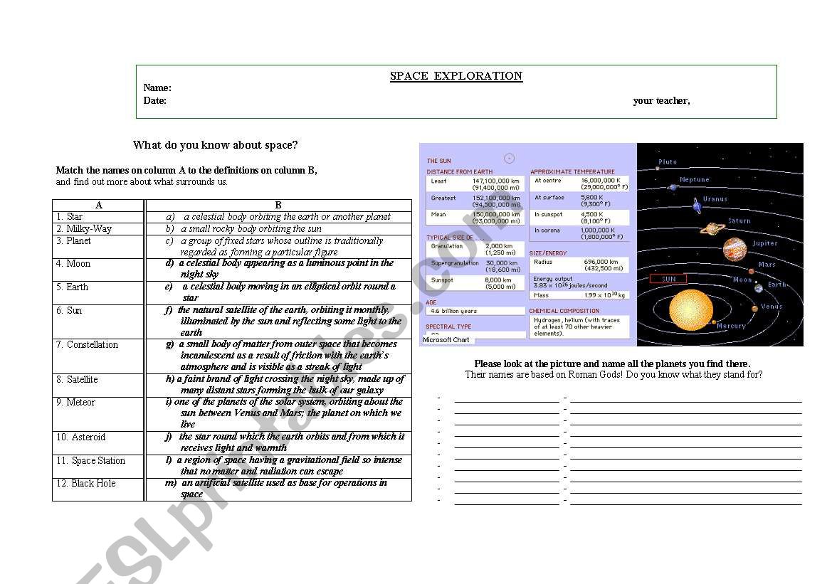 Space and Our Solar System worksheet