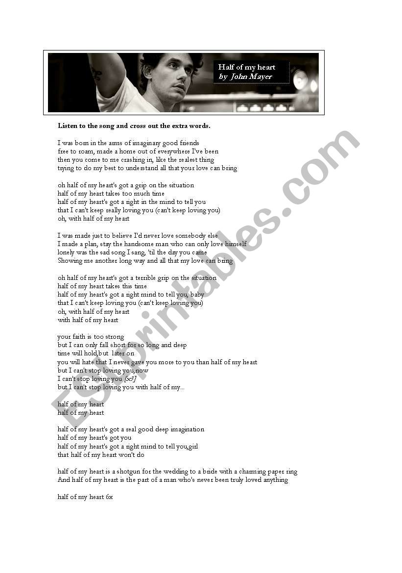 song - half of my heart worksheet