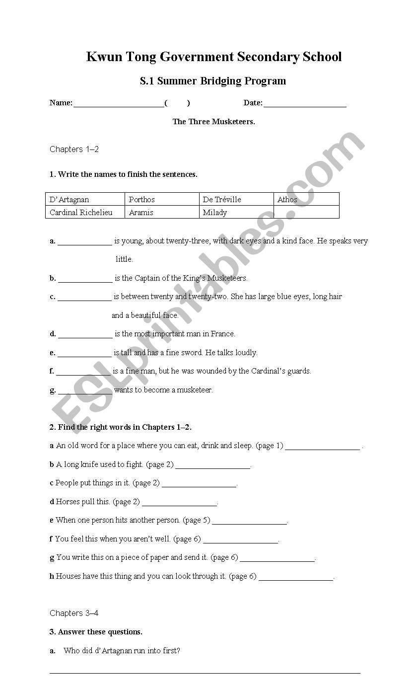 The three musketeers worksheet