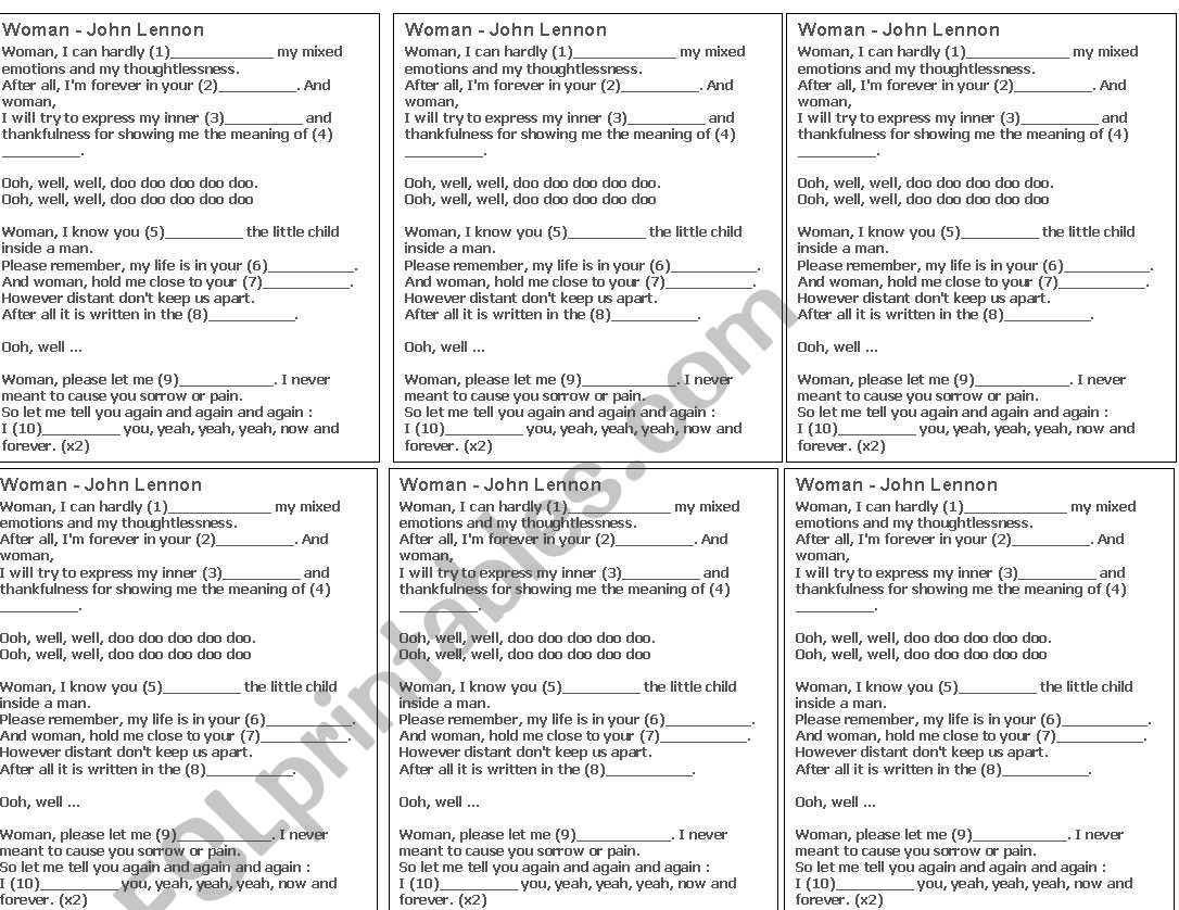 a printable handout for the song 