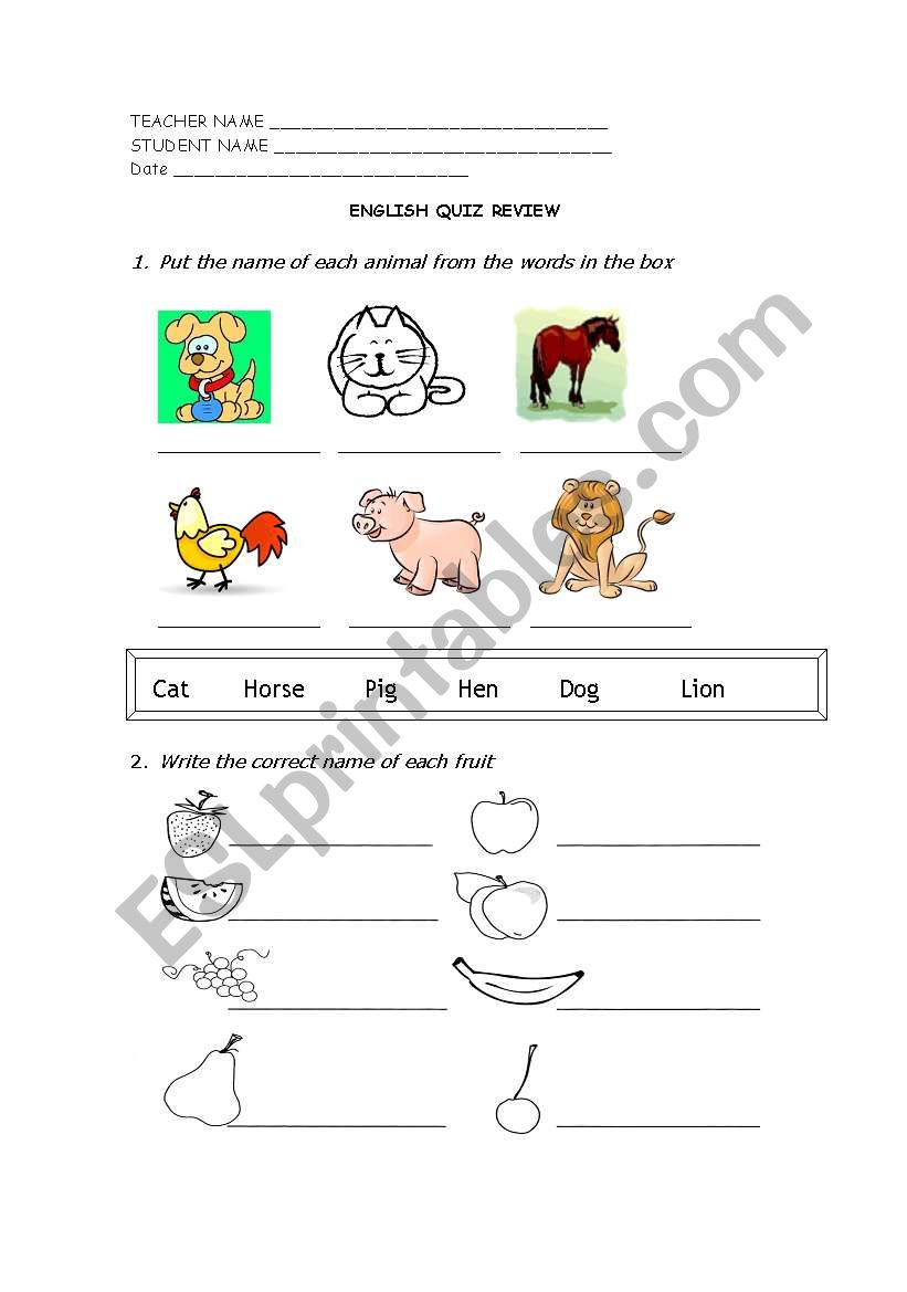 Animals and fruits worksheet