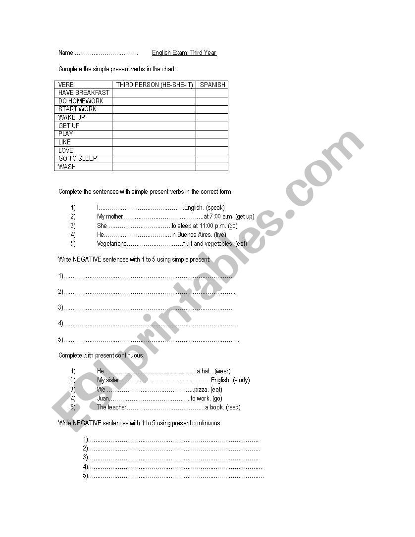 exercises tests present simple and present continuous