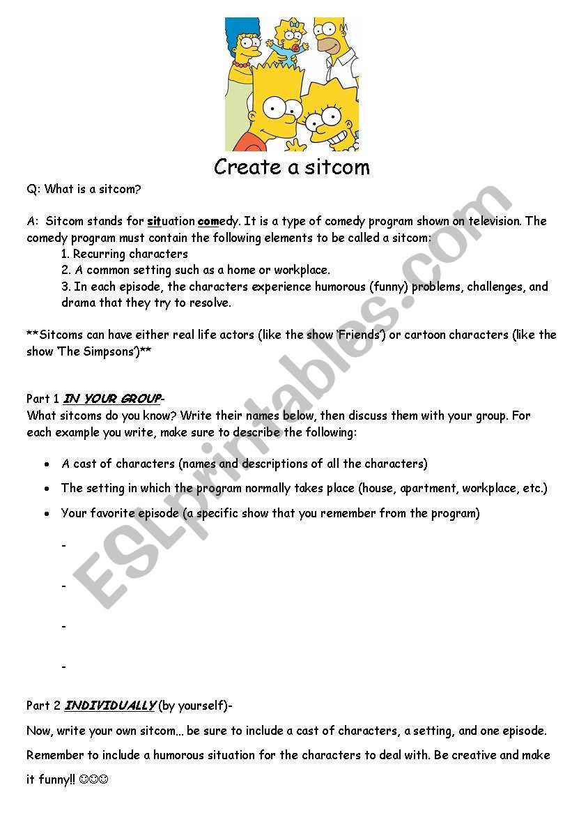 Create a sitcom worksheet