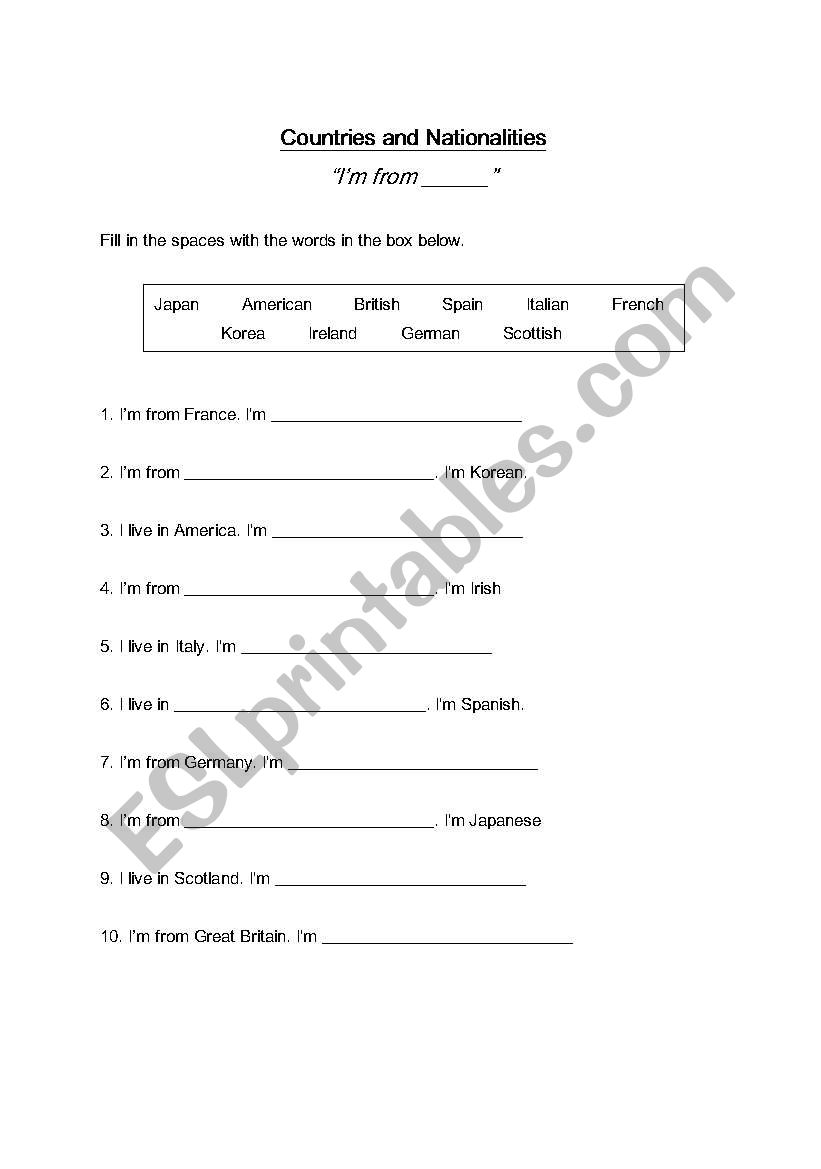 Countries and Nationalities worksheet