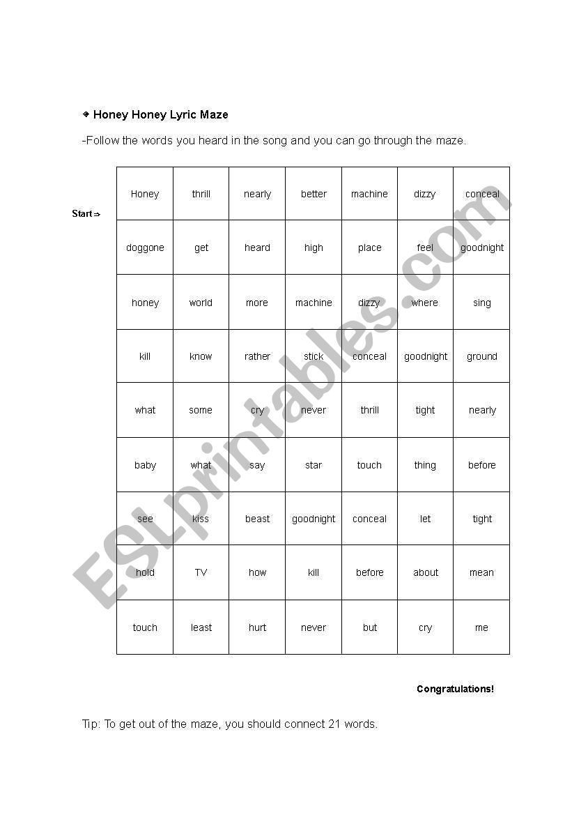 Honey Honey Lyric Maze worksheet