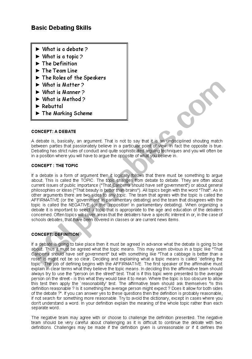 basic debating skill worksheet