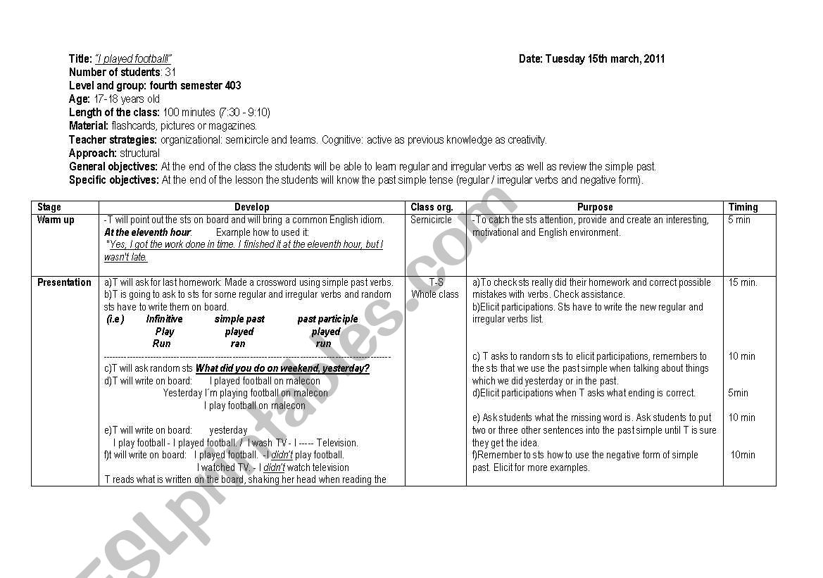 lesson plan simple past  worksheet