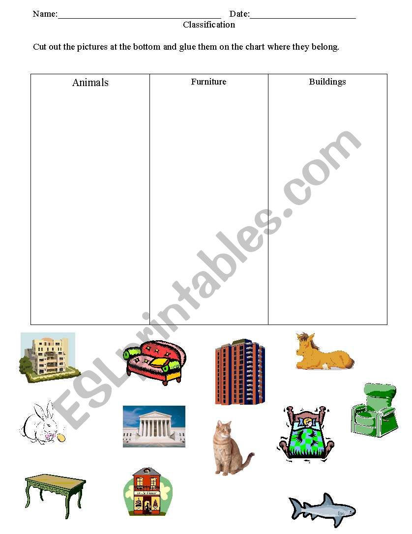 classification: animals, buildings, furniture