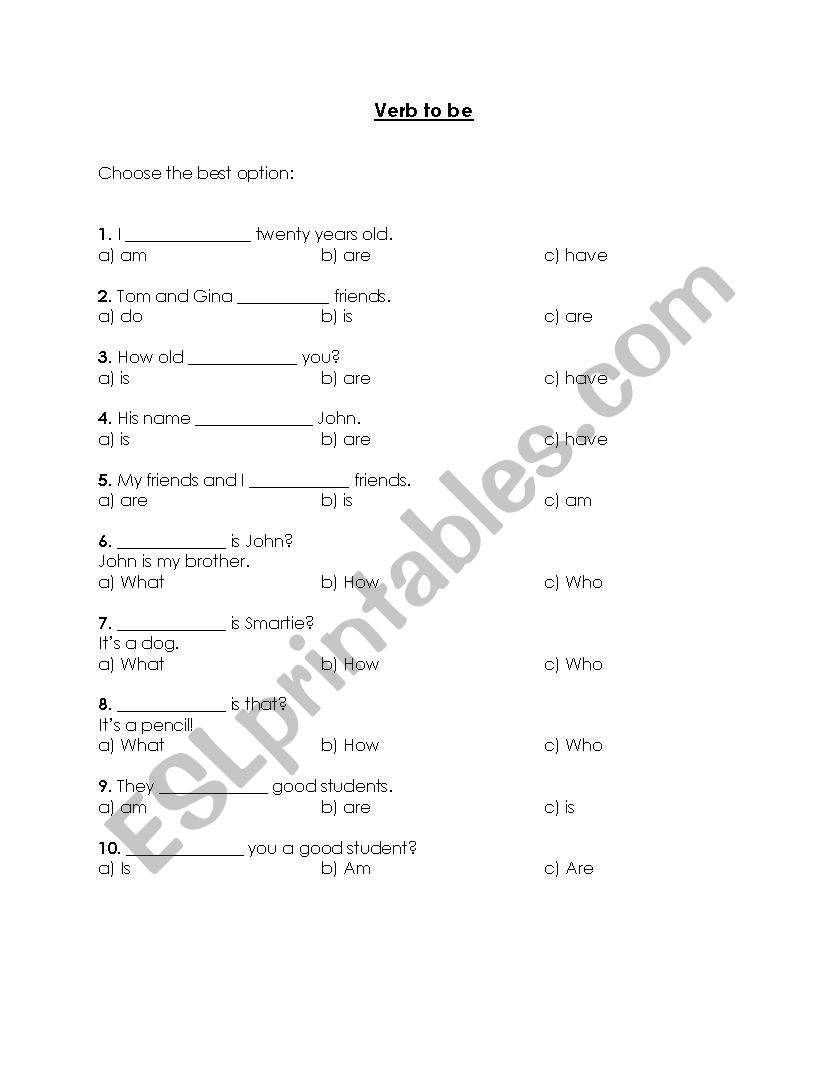 Choose the best option worksheet