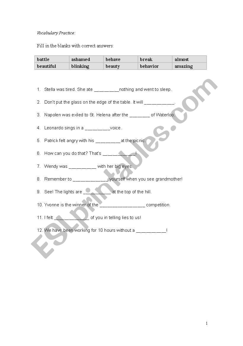 Pre-intermediate vocabulary worksheet