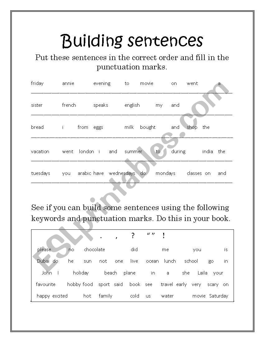 Sentence building worksheet worksheet