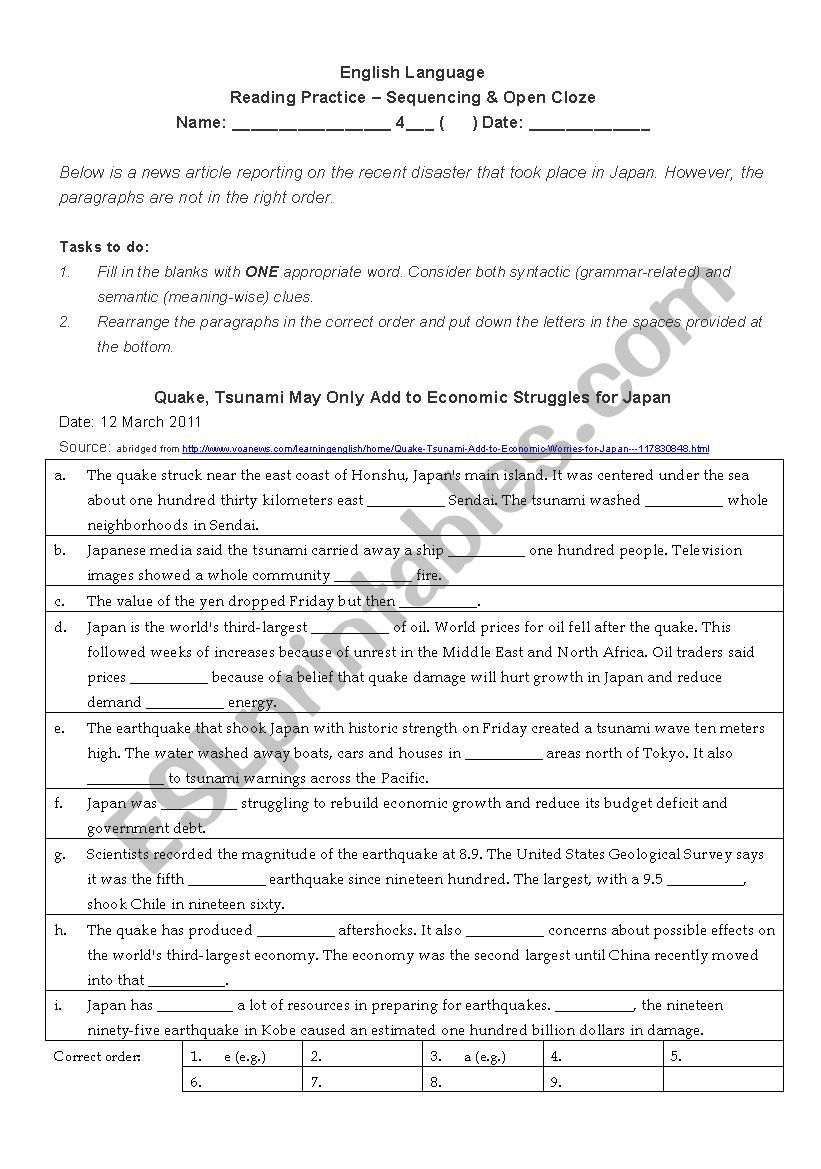 Japan´s quake and tsunami worksheet