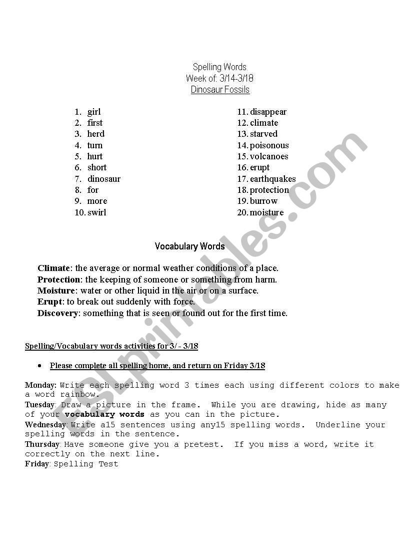 Spelling words worksheet