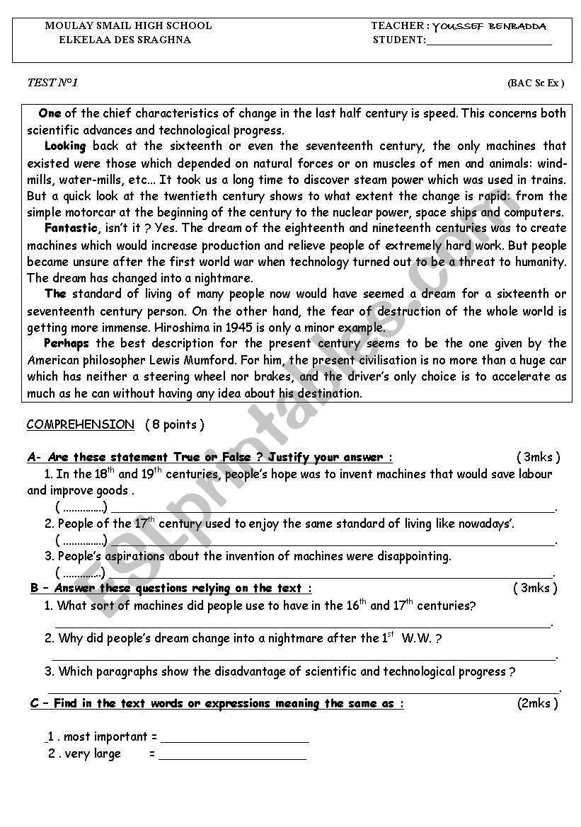  comprehension test worksheet